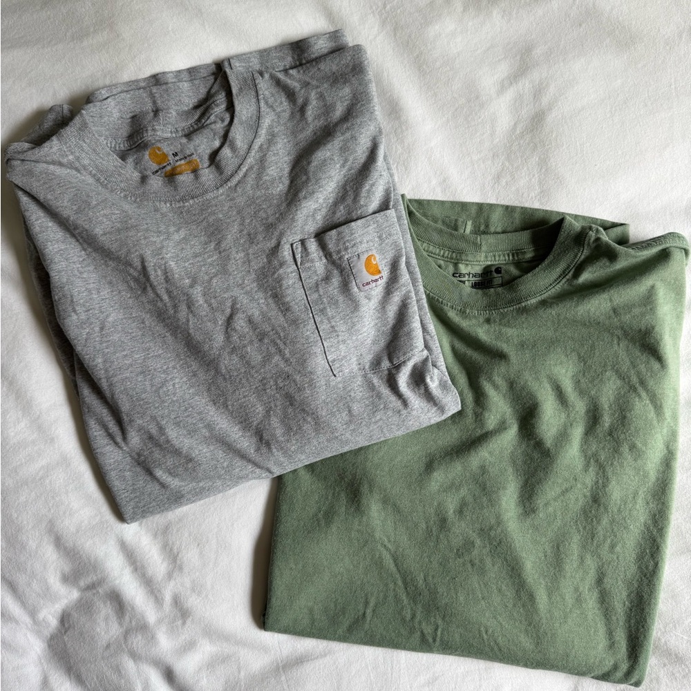 Carhartt 2 Men’s Long Sleeves- Gray Pocket Tee and Green Long Sleeve Tee size M